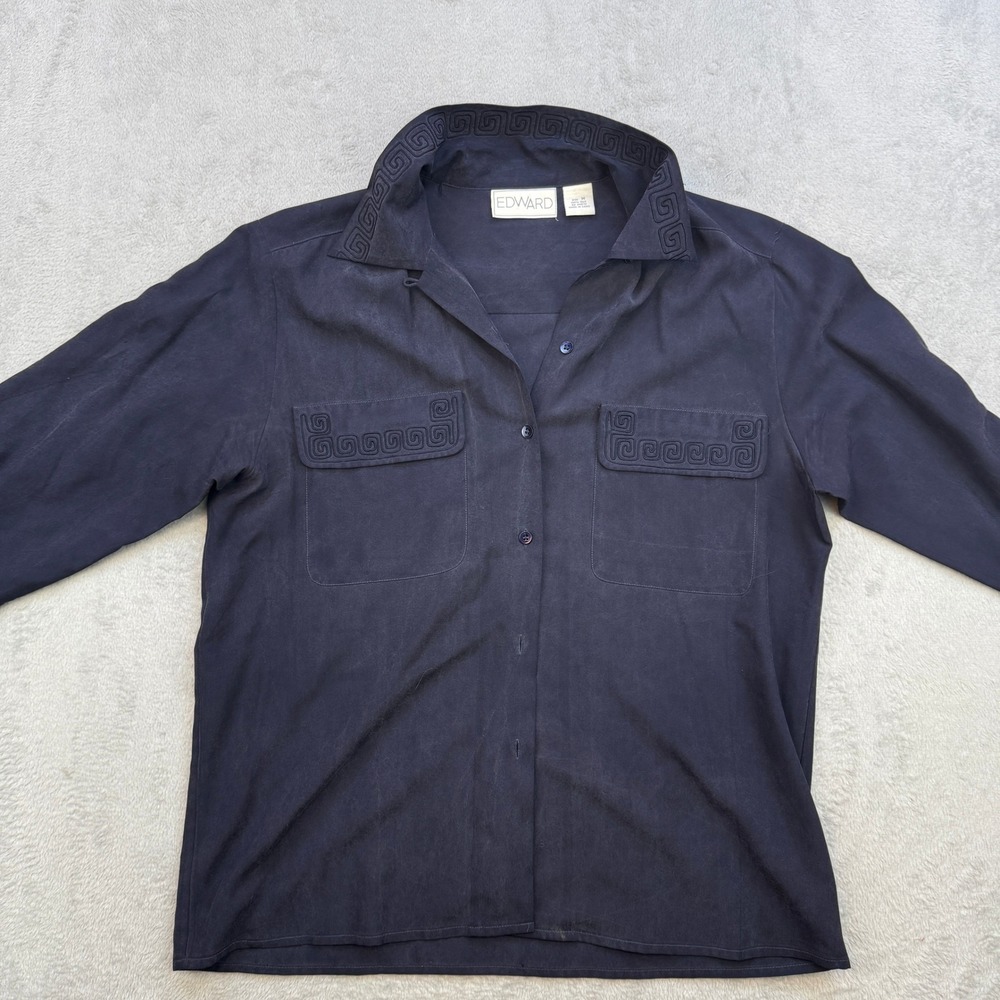 Edward Button Down Shirt Womens Medium Navy Blue Silk Soutache Embroidered 90s